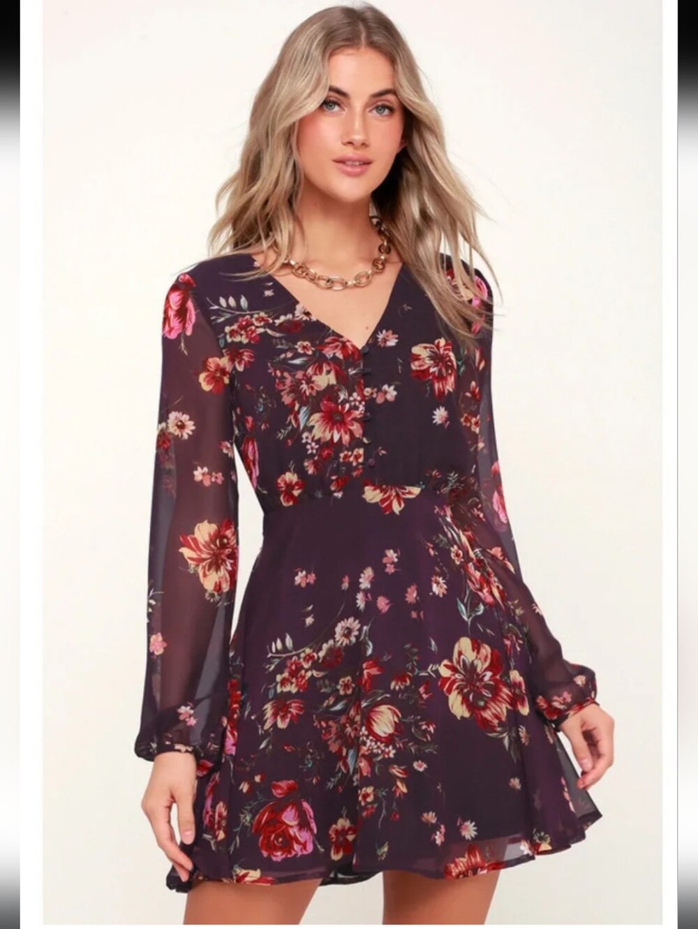 Lulus Plum Floral V-Neck Long Sleeve Mini Dress NWT